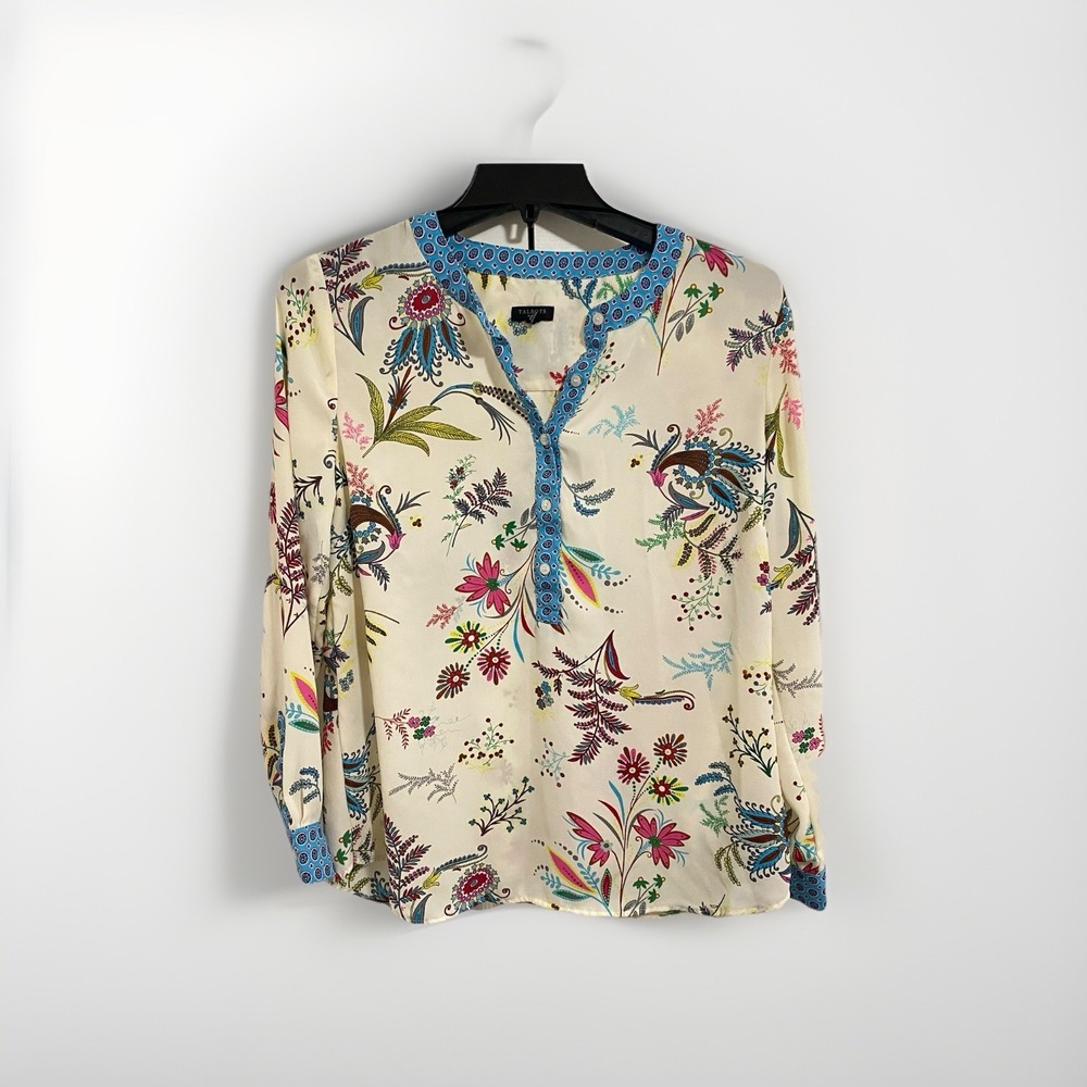 Talbots Women's Petite M Ivory Multicolor Floral Split Neck Long Sleeve Blouse